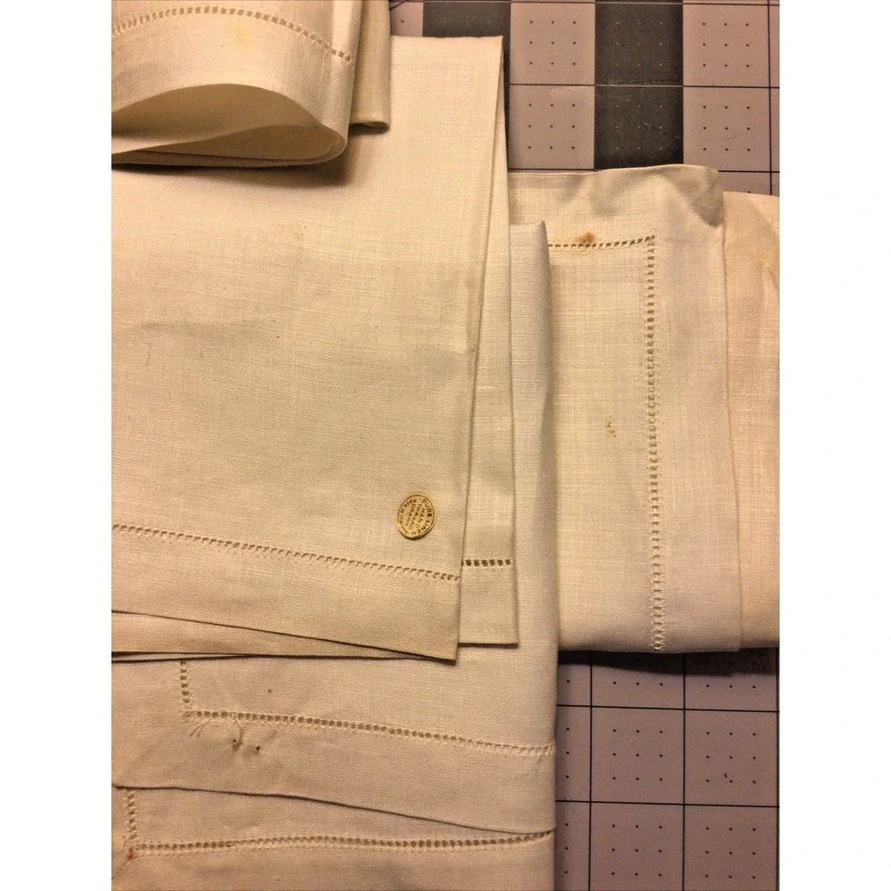 Vtg 100%‎ Linen 5 Napkins Hand Thread Drawn Ireland Tagged EIBAND'S Galveston TX